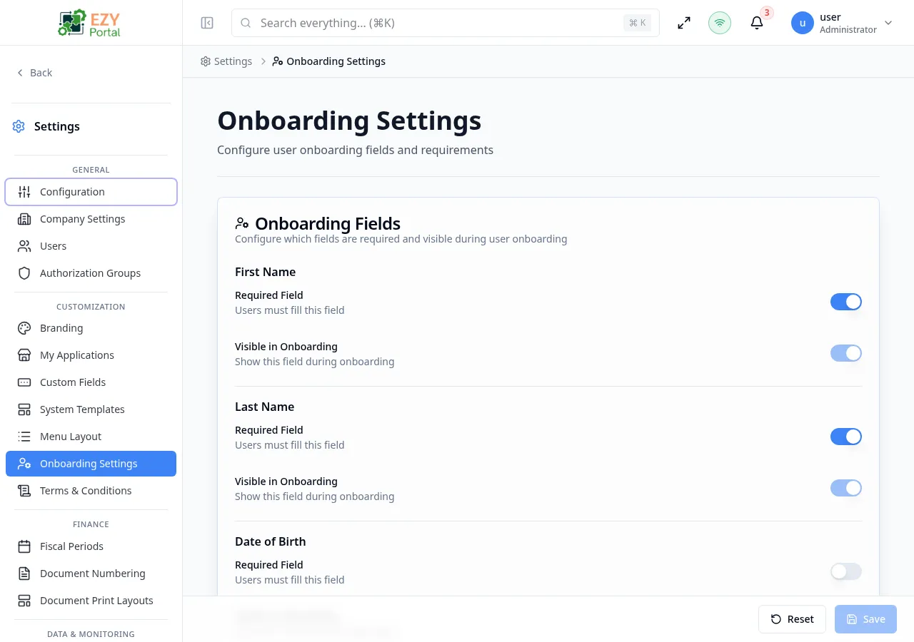 Onboarding Settings page