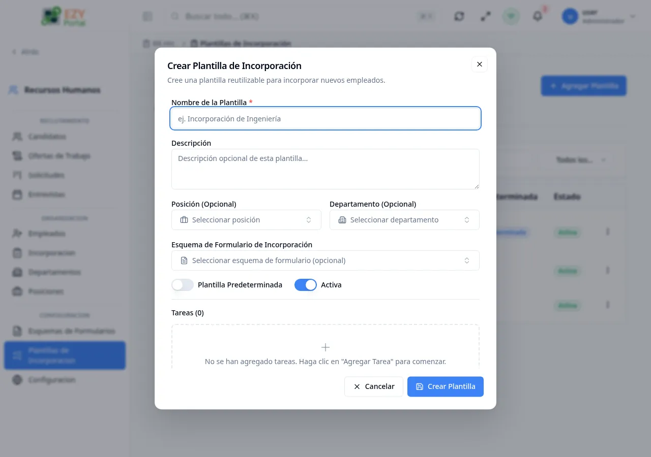 Diálogo Crear Plantilla de Incorporación con campos de nombre, descripción, alcance de cargo/departamento, esquema de formulario y el constructor de tareas
