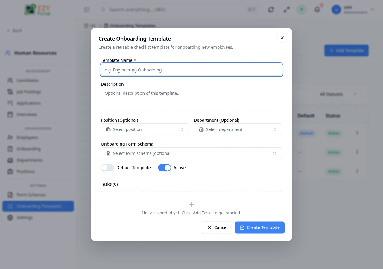 Create Onboarding Template dialog showing name, description, scope fields, form schema selector, and the task builder with task rows