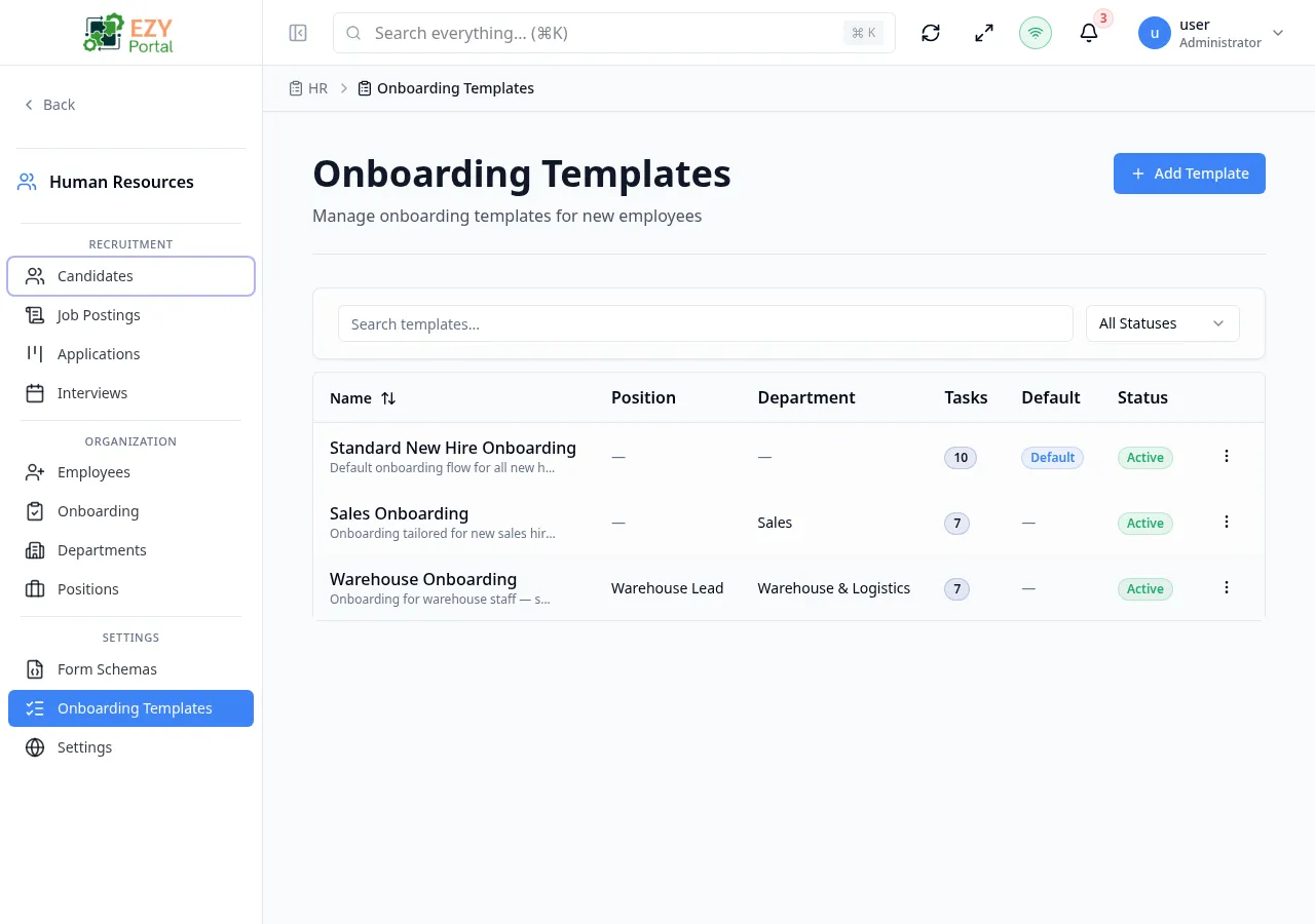 Onboarding Templates list showing Name, Position, Department, Tasks, Default, and Status columns with several rows