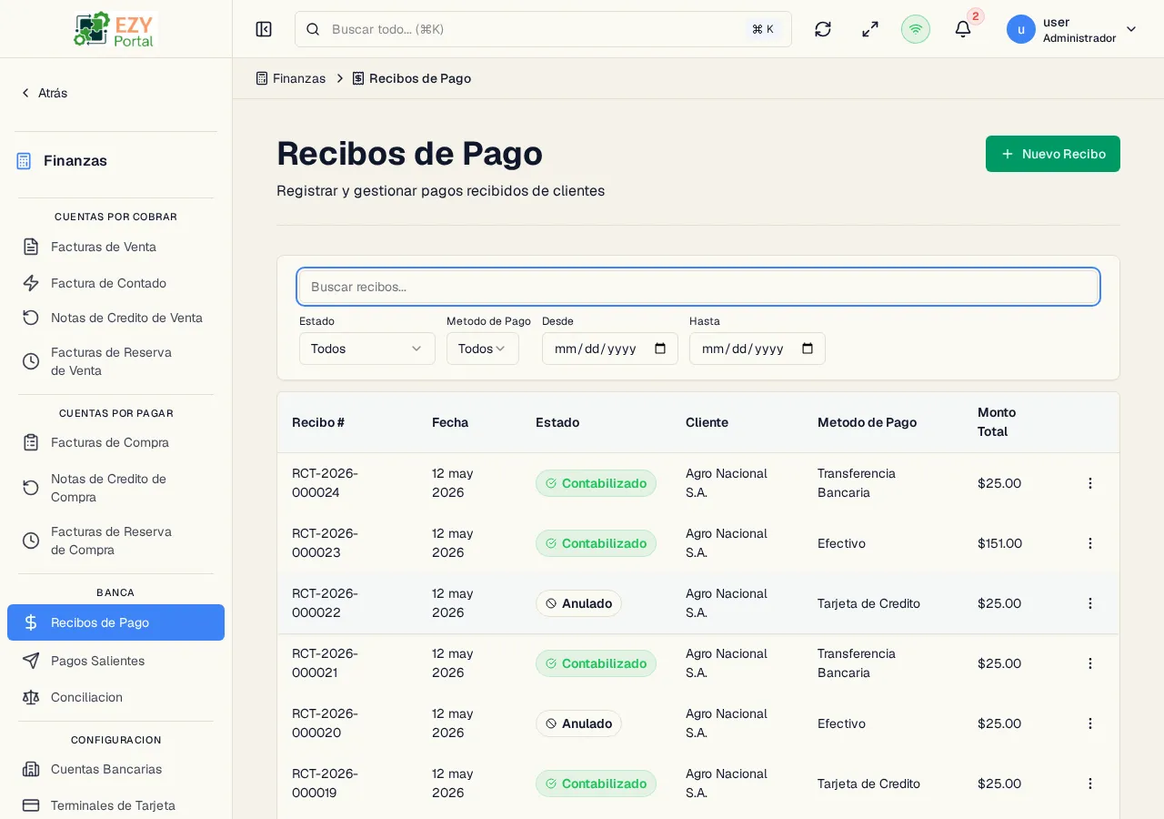 Lista de Recibos de Pago con números de documento, fechas, estados, clientes, métodos de pago y montos