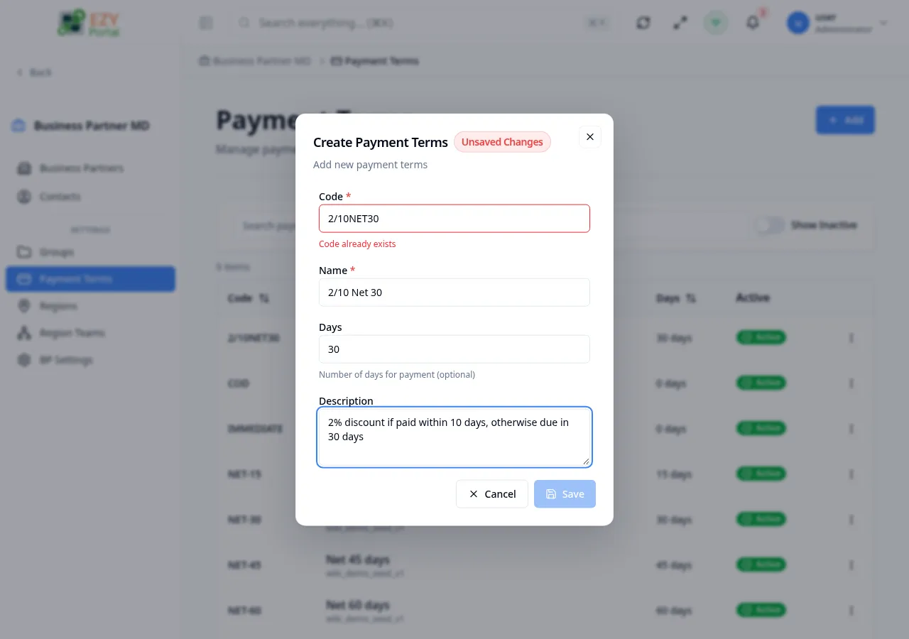 Create payment term dialog