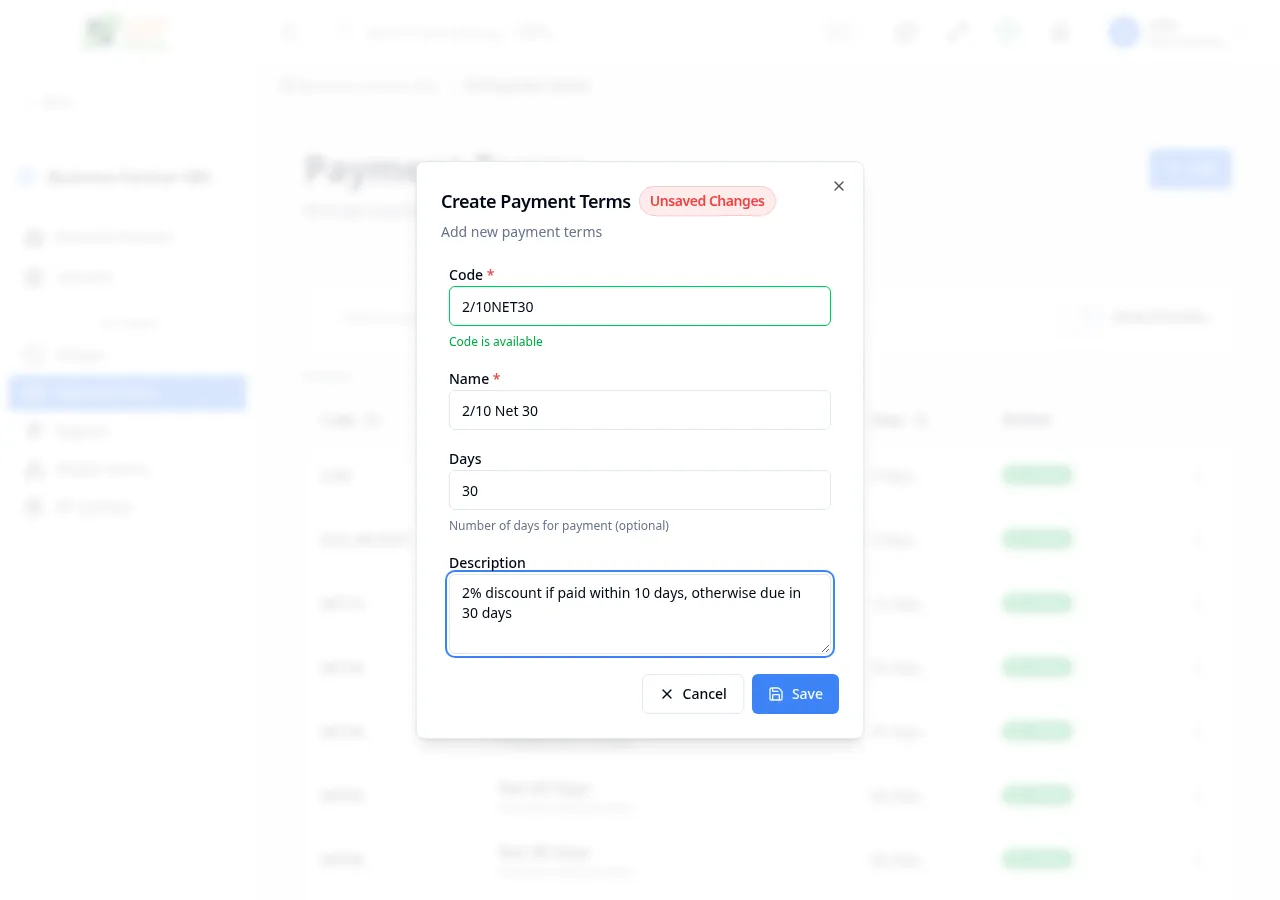 Create payment term dialog