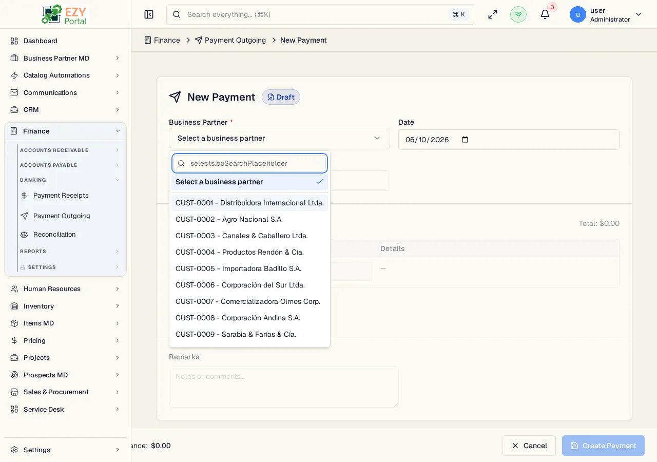 Create Payment to Vendor form showing vendor, payment lines, and applications