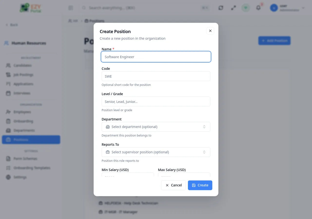 Create Position dialog with Name, Code, Level, Department, Reports To, salary band, and Description fields