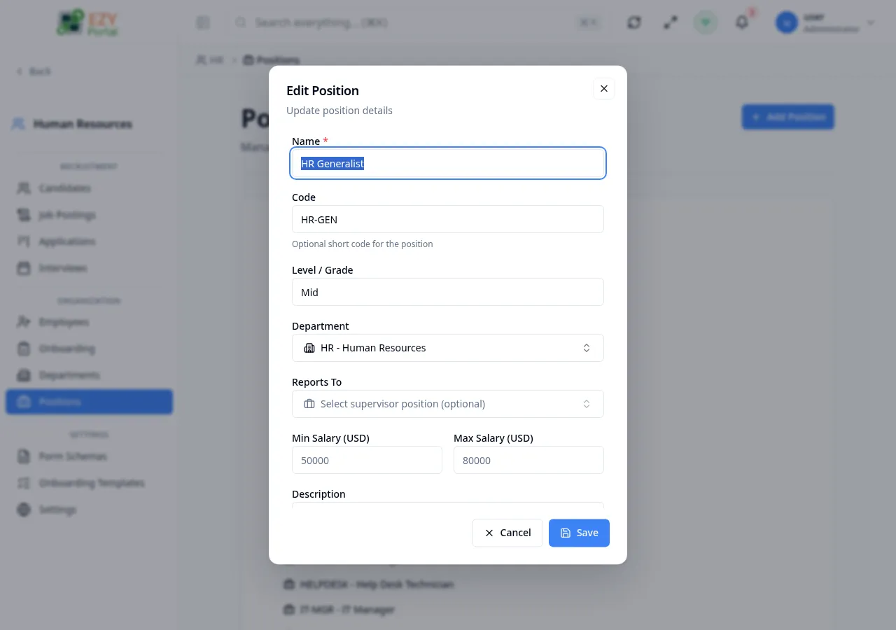 Edit Position dialog pre-filled with existing position values