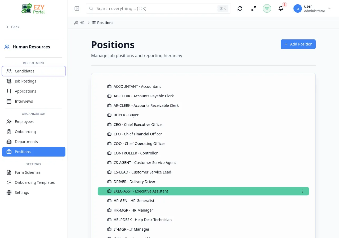 Positions page showing the full reporting hierarchy tree with CEO at root and positions at each level