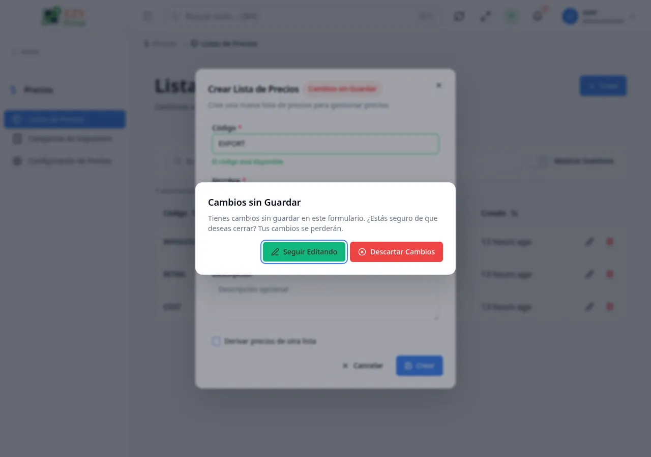 Diálogo crear lista de precios