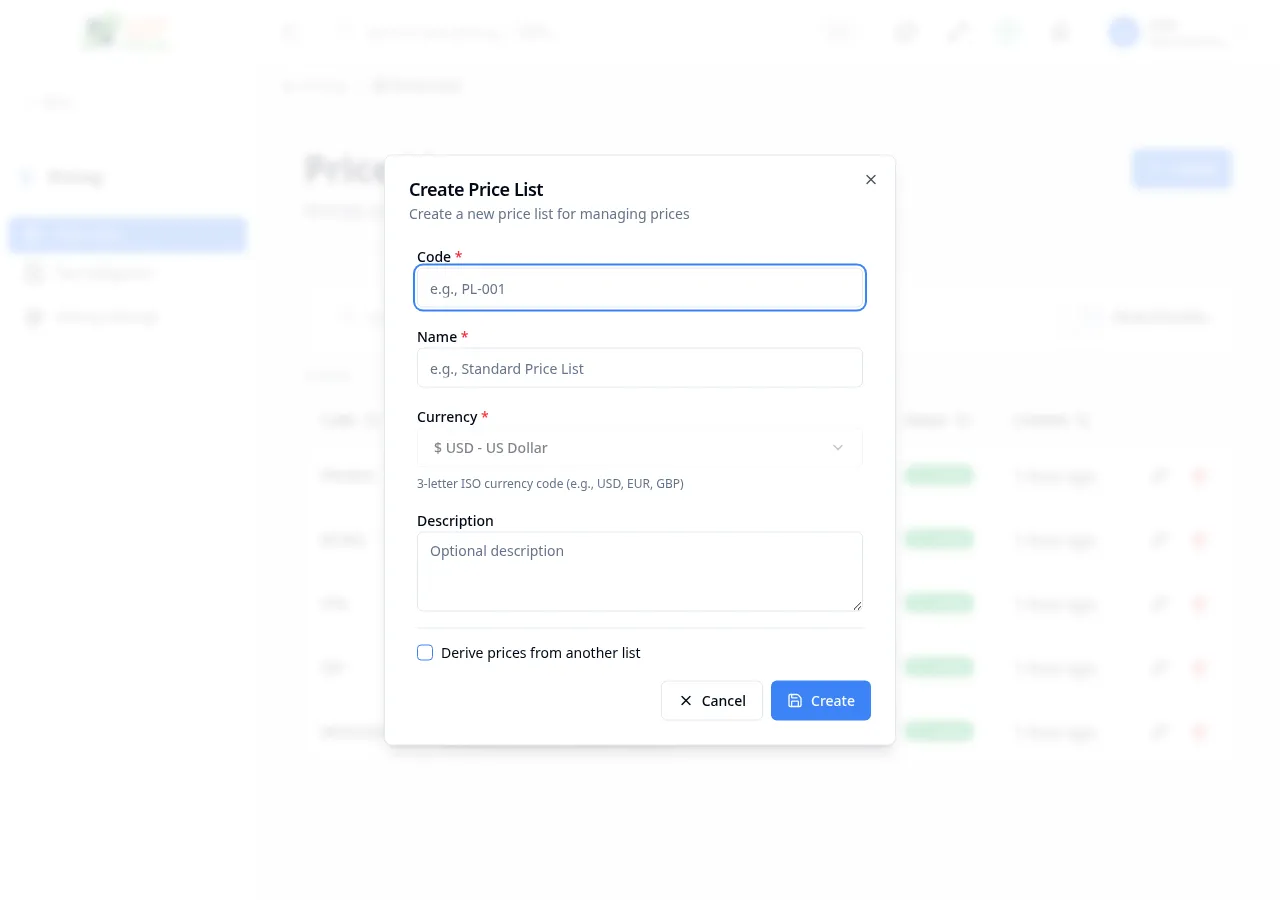 Create price list dialog