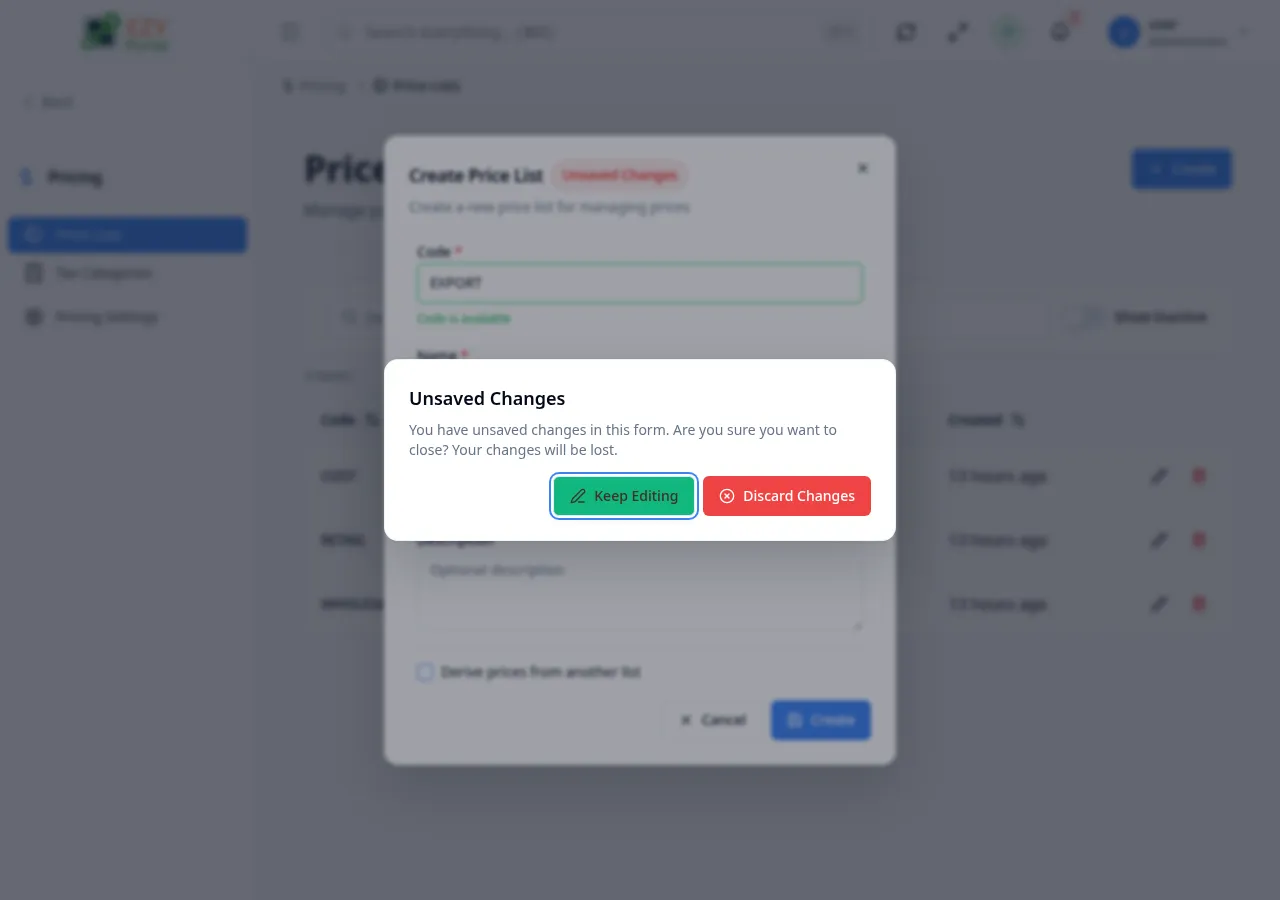 Create price list dialog