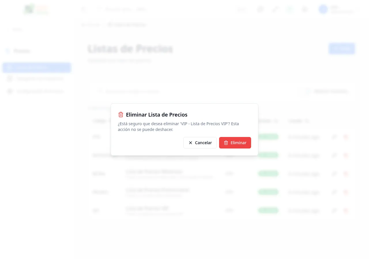 Diálogo eliminar lista de precios