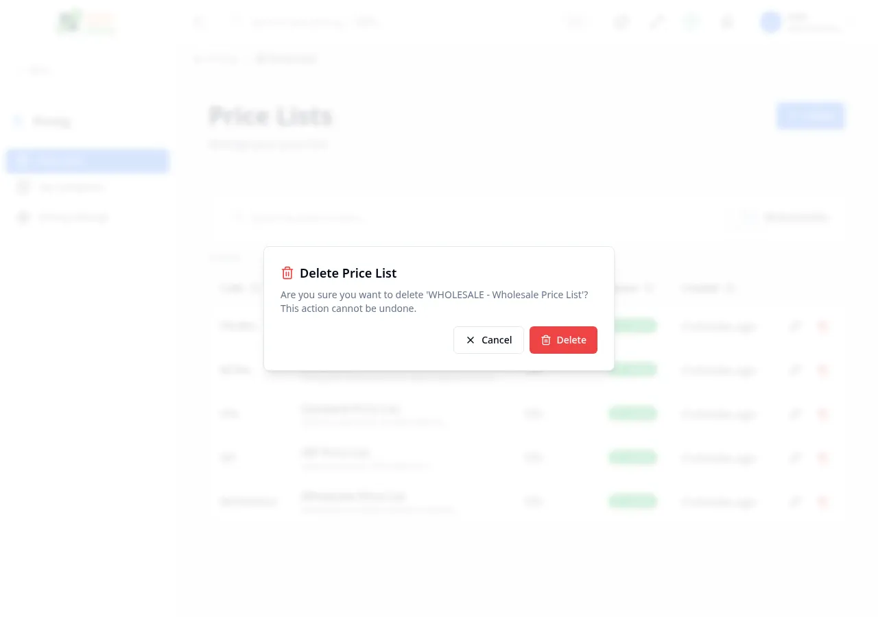 Delete price list dialog