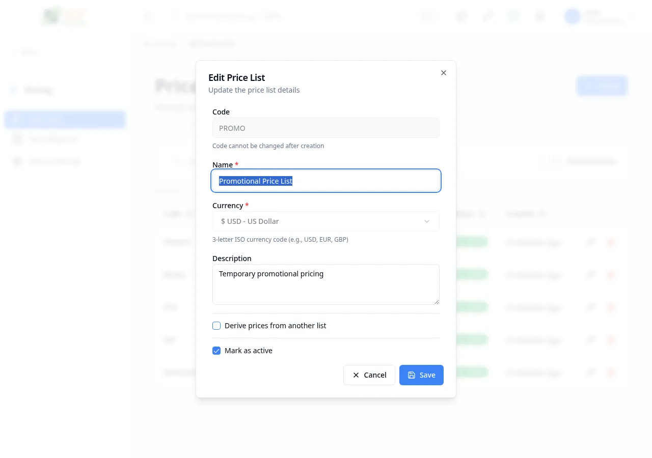 Edit price list dialog