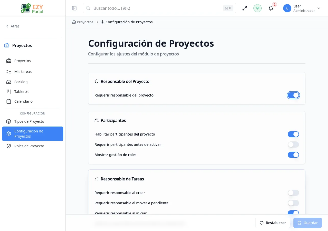 Página de Configuración de Proyectos
