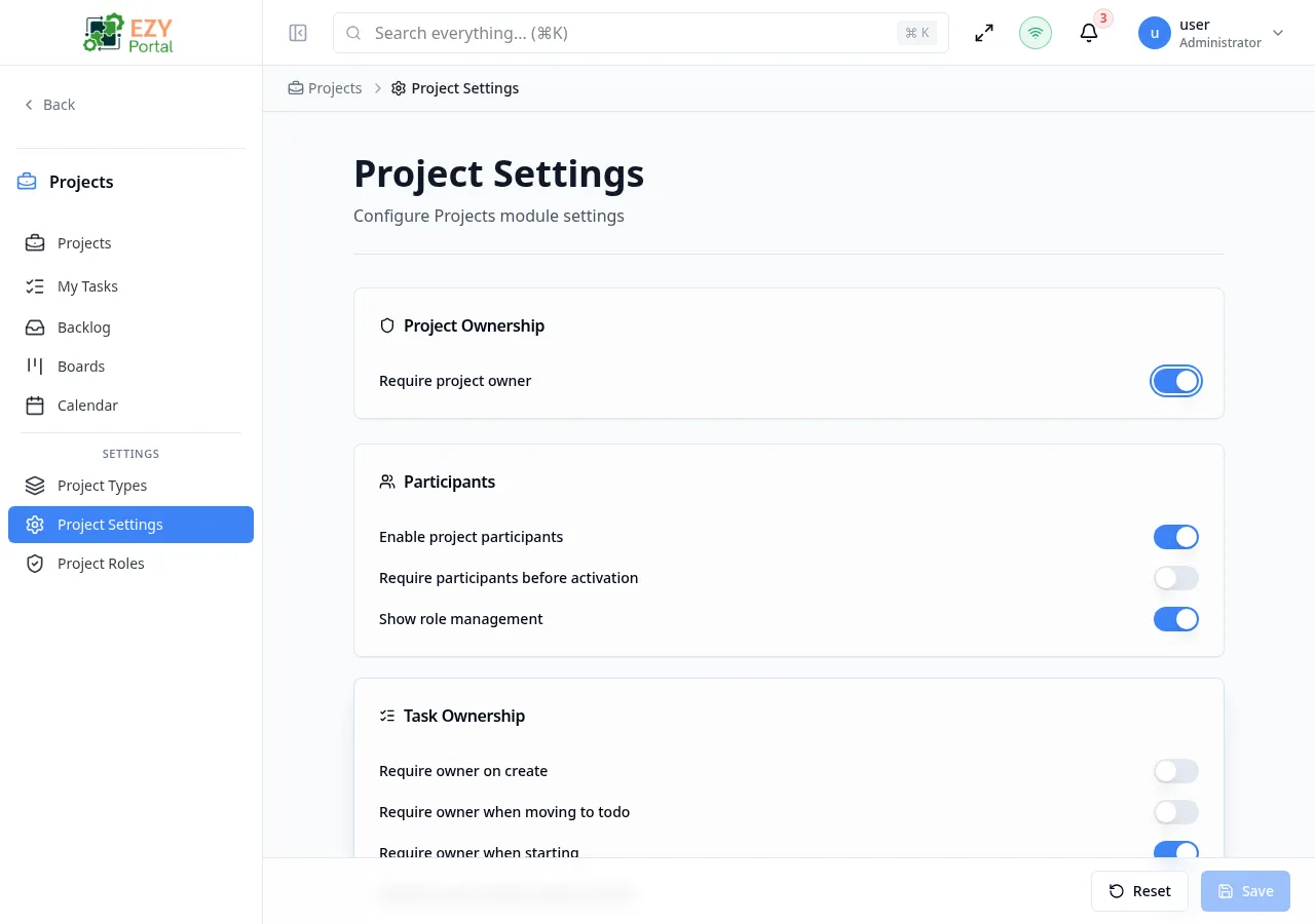Project Settings page