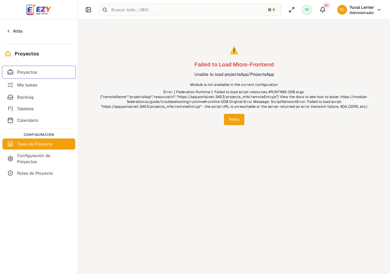 Página de Tipos de Proyecto