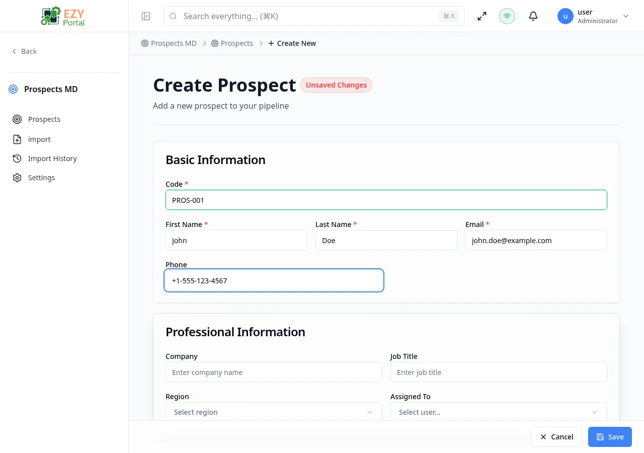 Create Prospect page