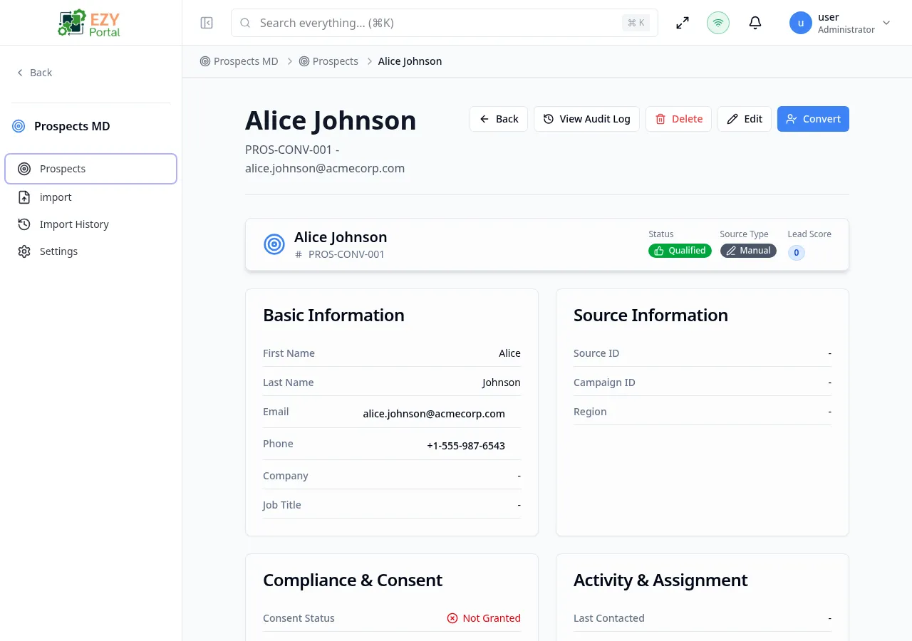 Prospect Detail page