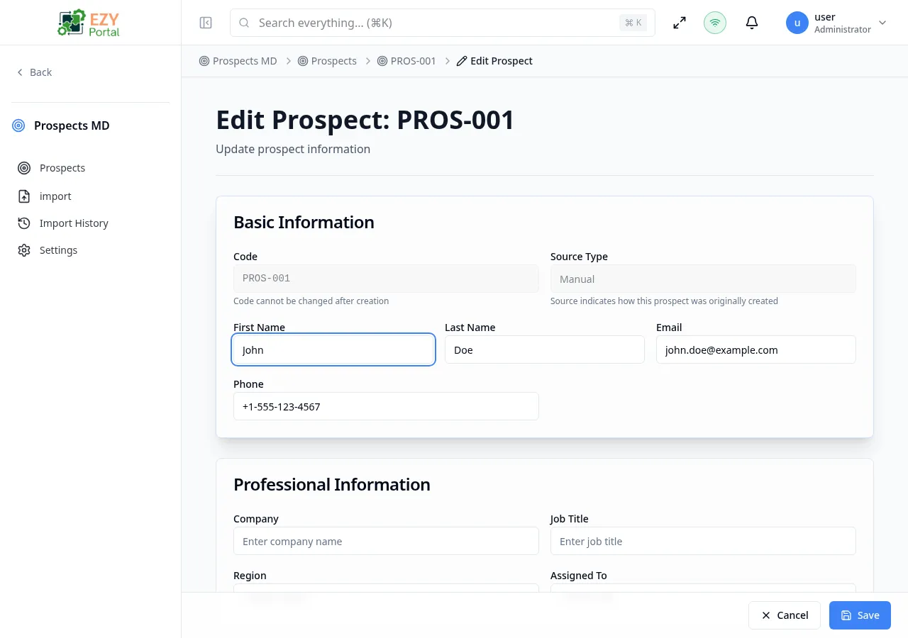 Edit Prospect page