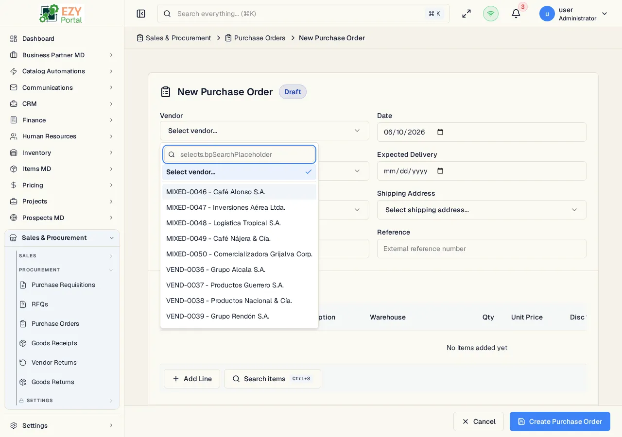 Create Purchase Order form showing vendor, document date, expected delivery, payment terms, price list, buyer, and editable line items