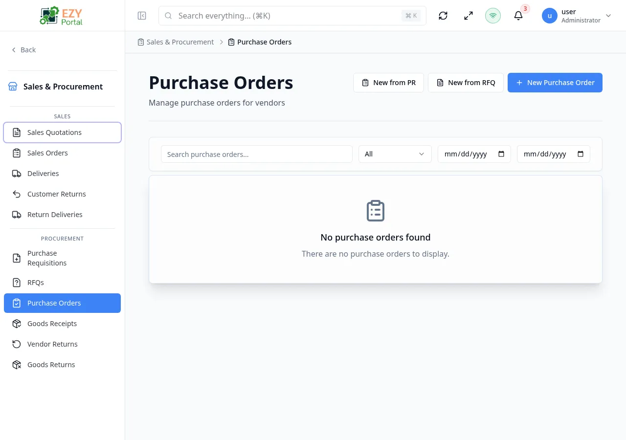 Purchase Orders list page showing multiple POs with Doc #, vendor, date, expected delivery, status, and grand total columns