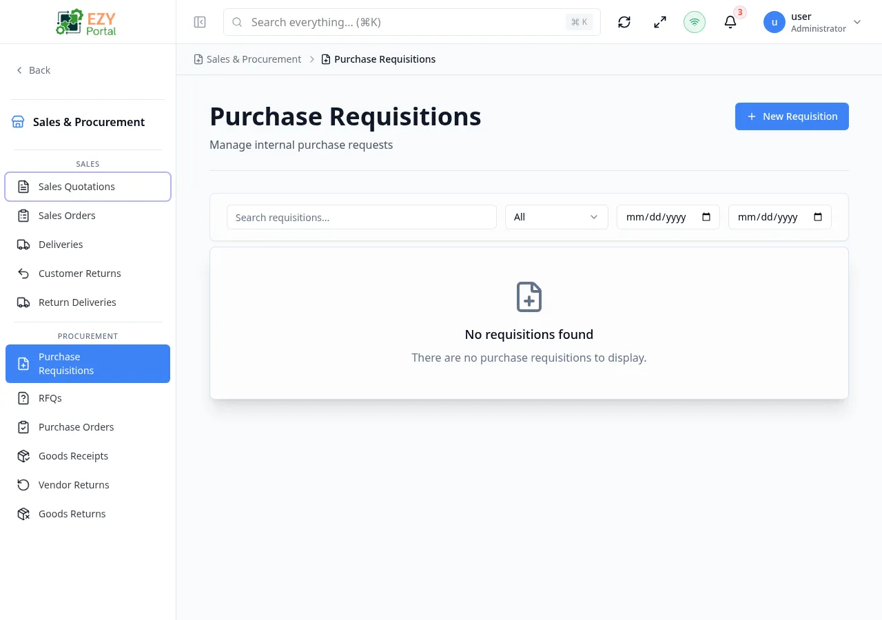Purchase Requisitions list page showing multiple PRs with Doc #, vendor, date, required by date, status, and grand total columns