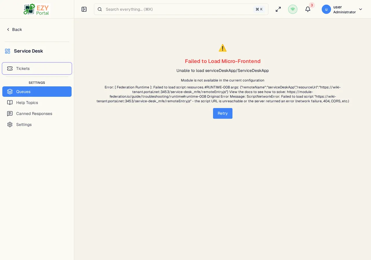 Queues admin page on the Queues tab listing all tenant queues with default and active indicators