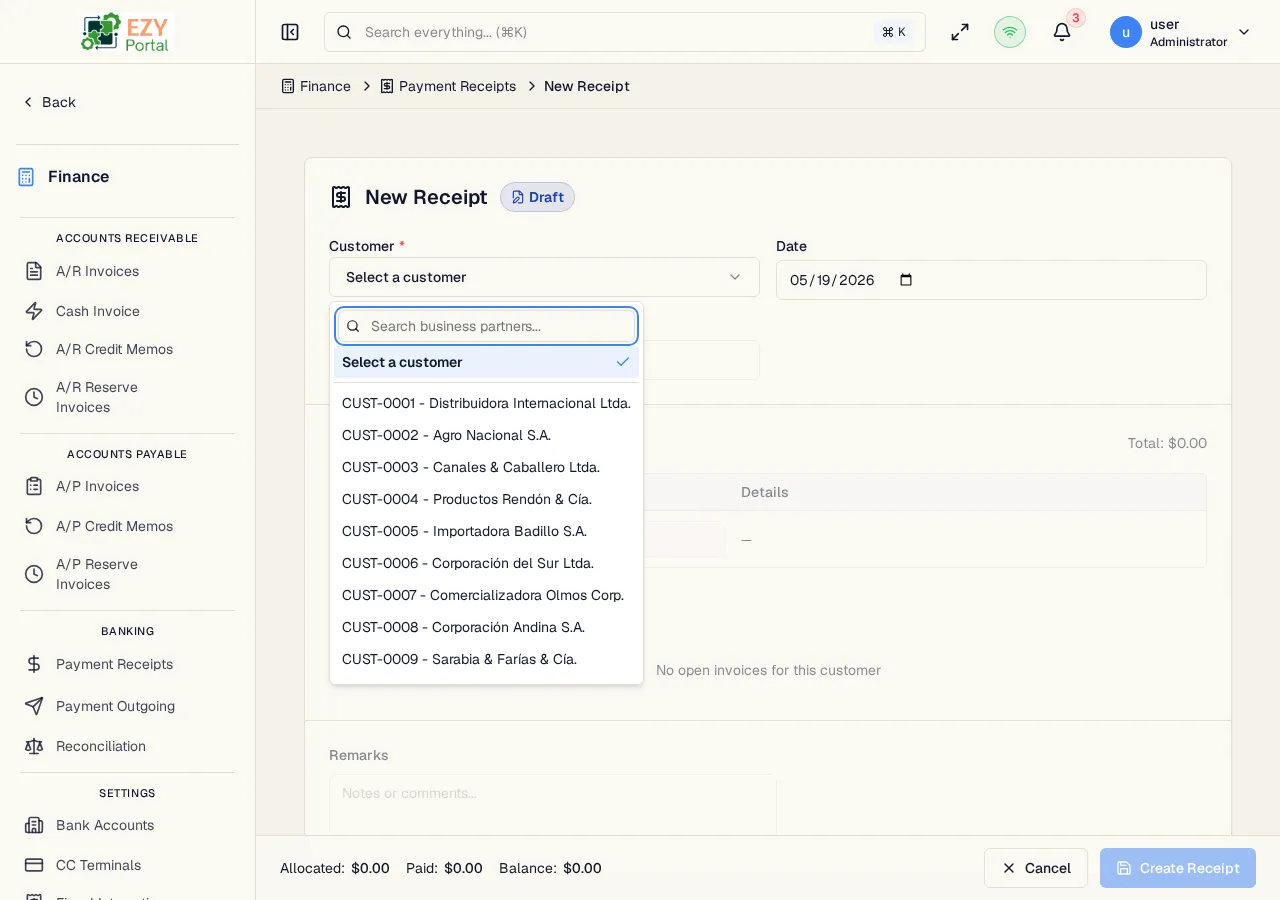 Create Receipt form showing customer, date, currency, payment lines editor, invoice allocation table, and balance summary footer