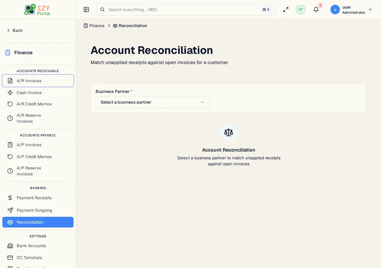 Reconciliation page with a customer selected, showing unapplied receipts panel, open invoices panel with editable allocation amounts, and the summary action bar