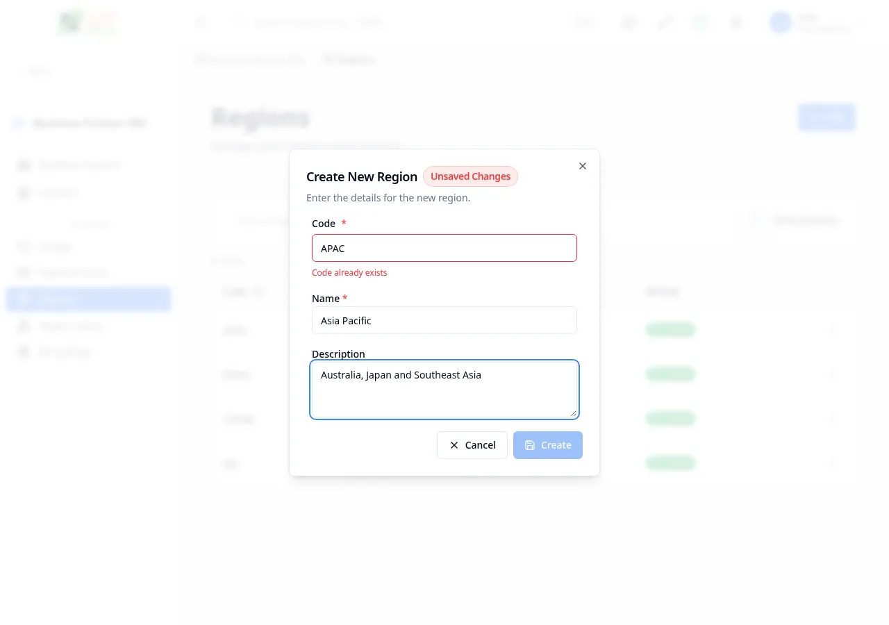 Create region dialog