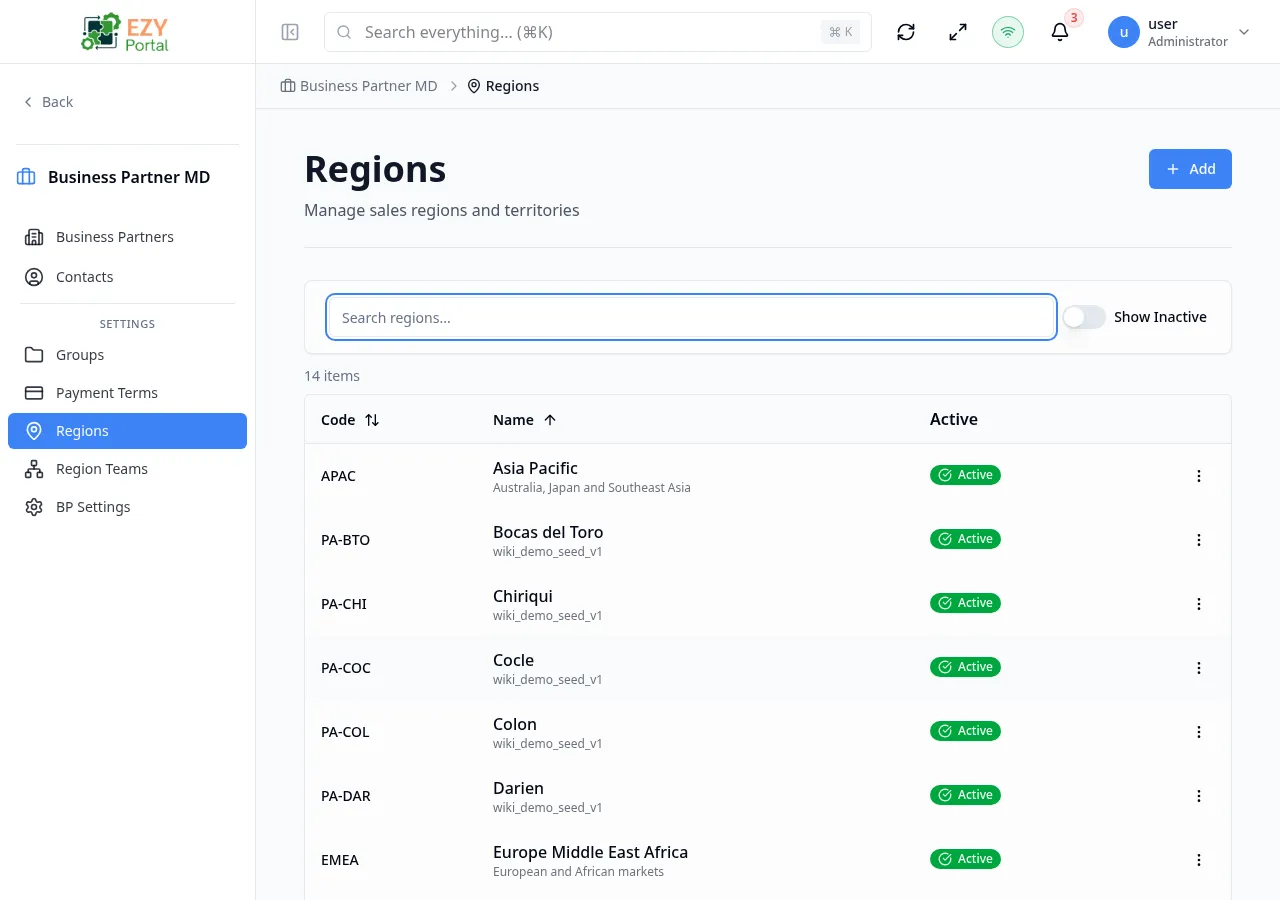Regions list