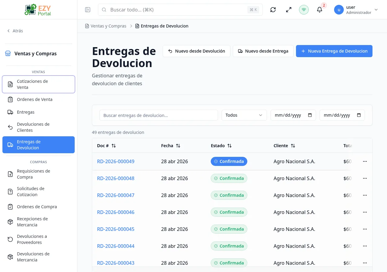 Página de lista de Entregas de Devolución mostrando múltiples entregas de devolución con columnas de Doc #, cliente, fecha, estado y total general