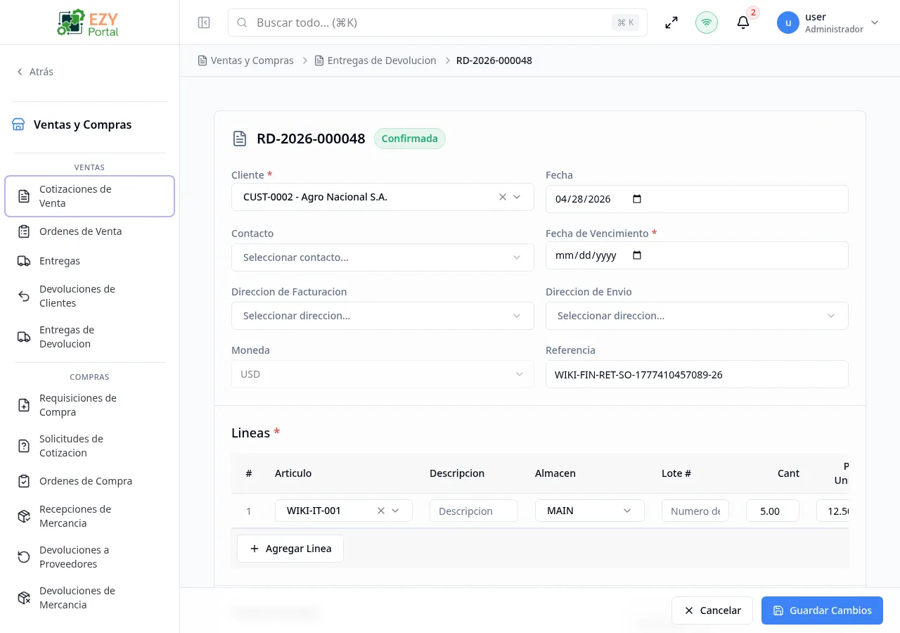 Formulario de edición de entrega de devolución con datos pre-cargados de una entrega de devolución en borrador mostrando cliente, fechas y líneas con números de lote