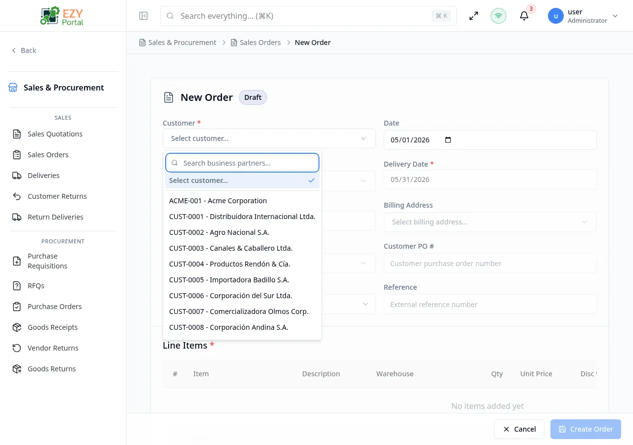 Create Sales Order form showing a customer selected, document date, delivery date, payment terms, price list, customer PO number, and one line item with item code, quantity, and unit price