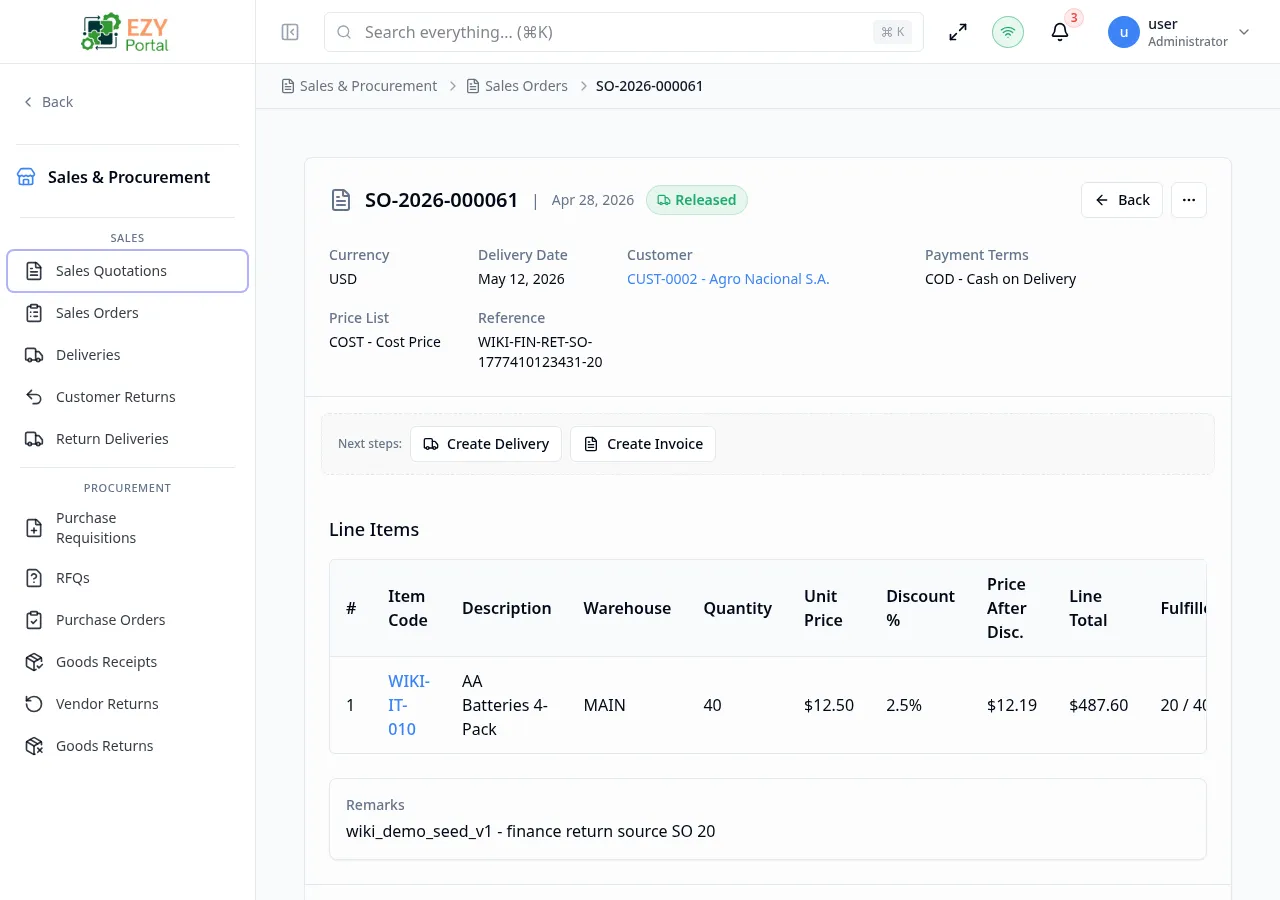 Sales Order Detail page showing document header with customer, dates, status badge, action buttons, line items with fulfilled quantities, and totals
