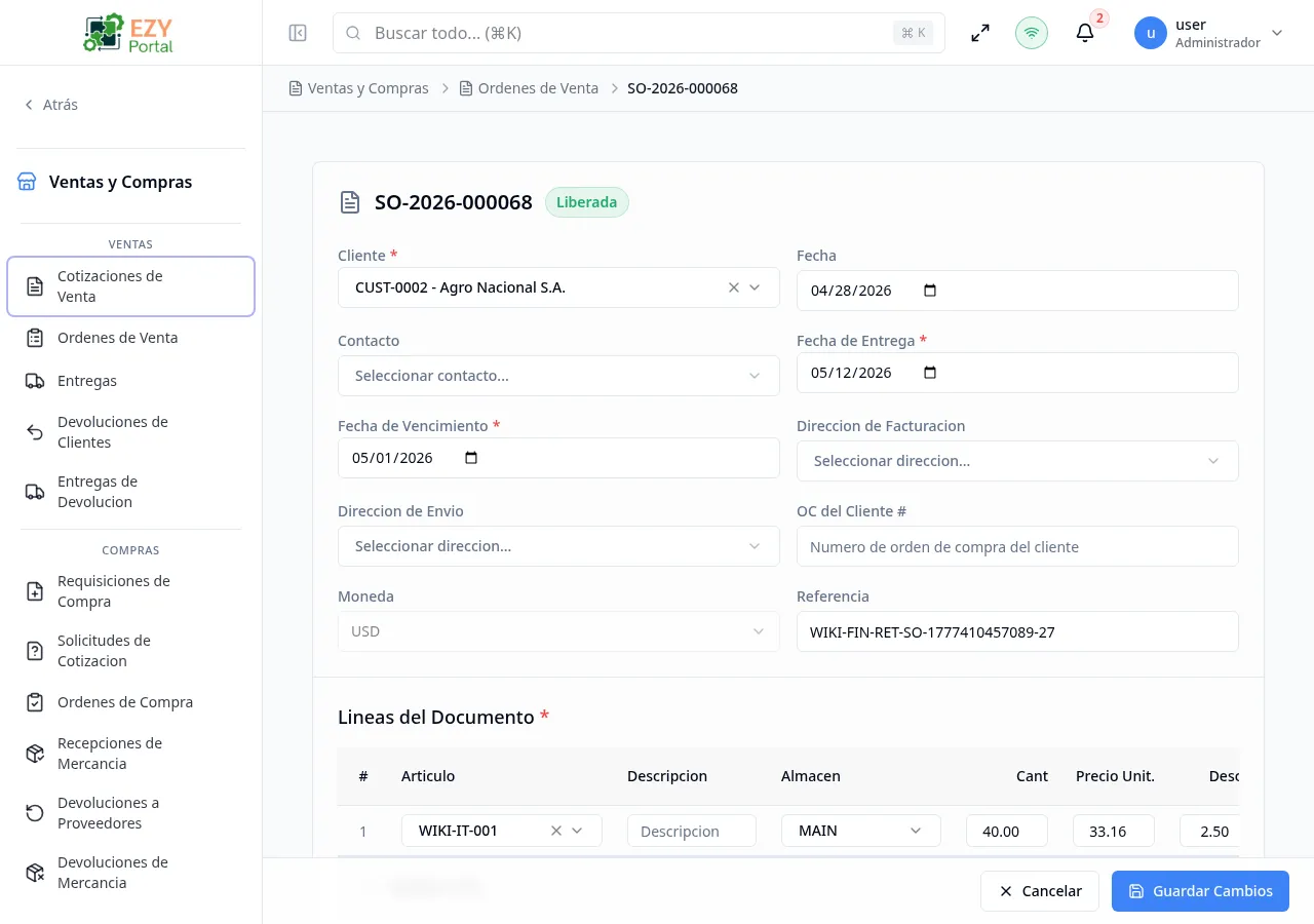 Formulario de edición de orden de venta con datos pre-cargados de una orden en borrador mostrando cliente, fechas, términos de pago, lista de precios y líneas