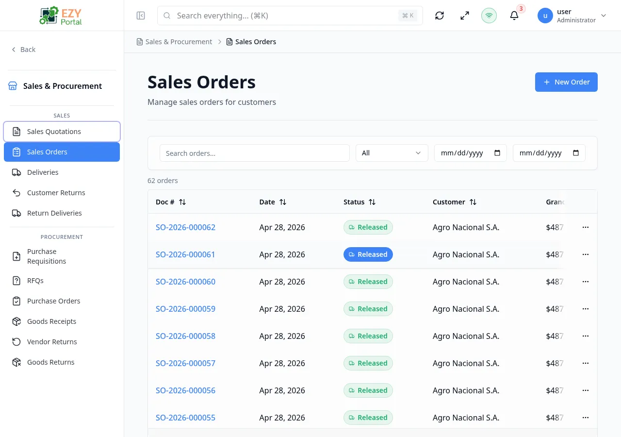 Sales Orders list page showing multiple orders with Doc #, customer, date, delivery date, status, and grand total columns