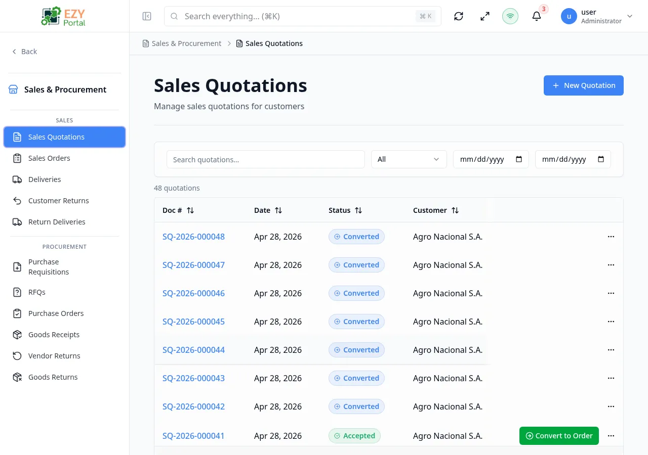 Sales Quotations list page showing multiple quotations with Doc #, customer, date, valid until, status, and grand total columns