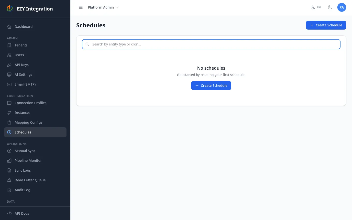 Schedules list with populated rows