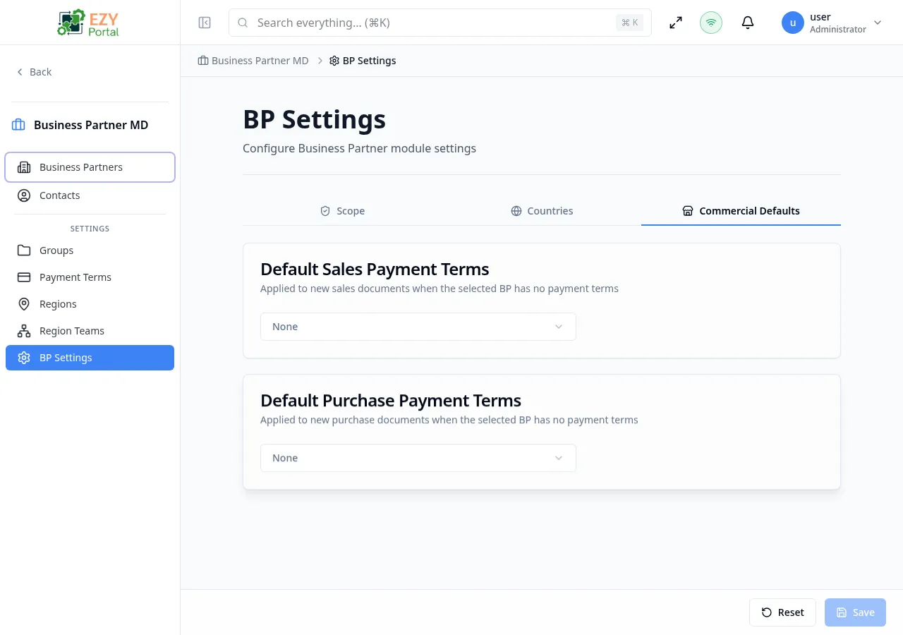 Commercial Defaults tab