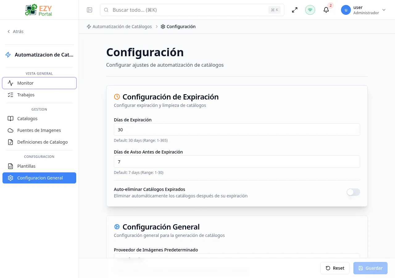 Página de Configuración de Automatización de Catálogos con tarjetas de configuración de expiración y general