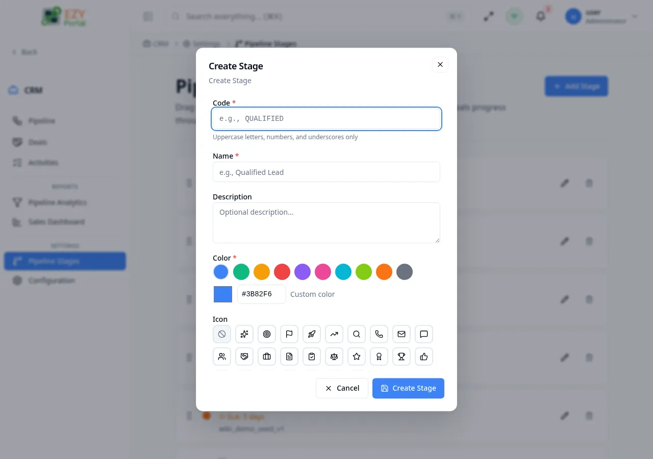 Create Stage dialog with code, name, color picker, icon picker, and behavioral checkbox options