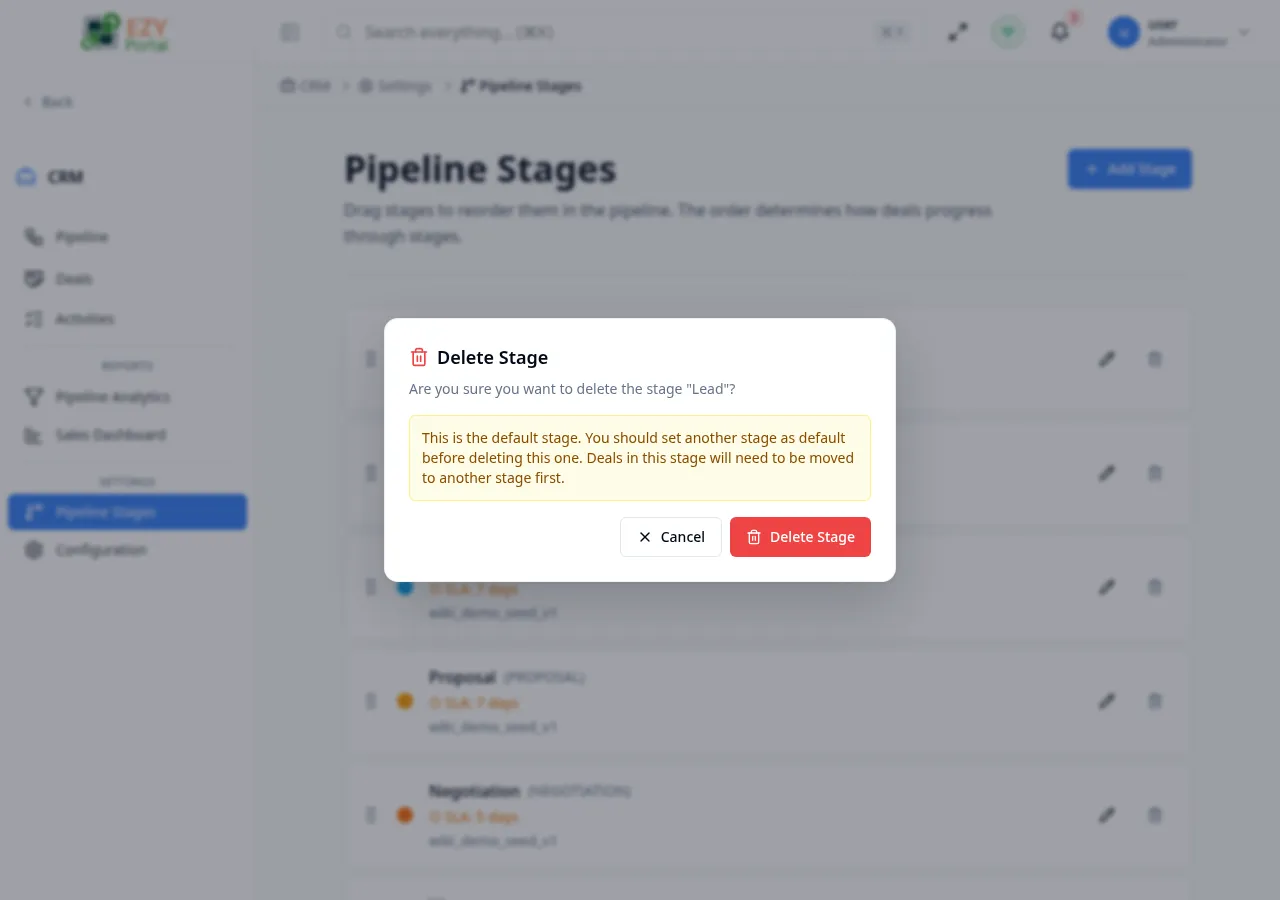 Delete Stage confirmation dialog showing the stage name and a warning that deals must be moved before deleting