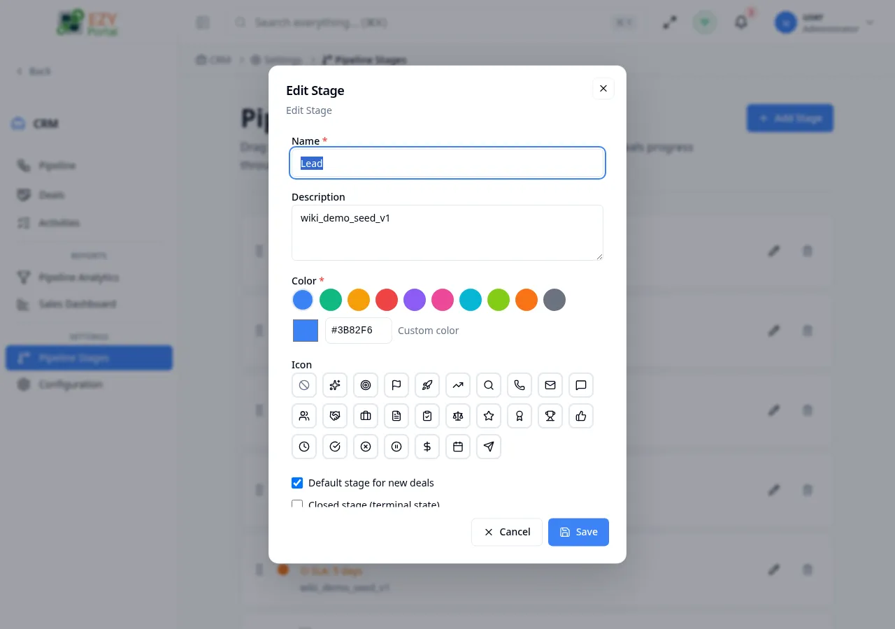 Edit Stage dialog pre-filled with existing stage name, color, icon, and behavioral flag settings