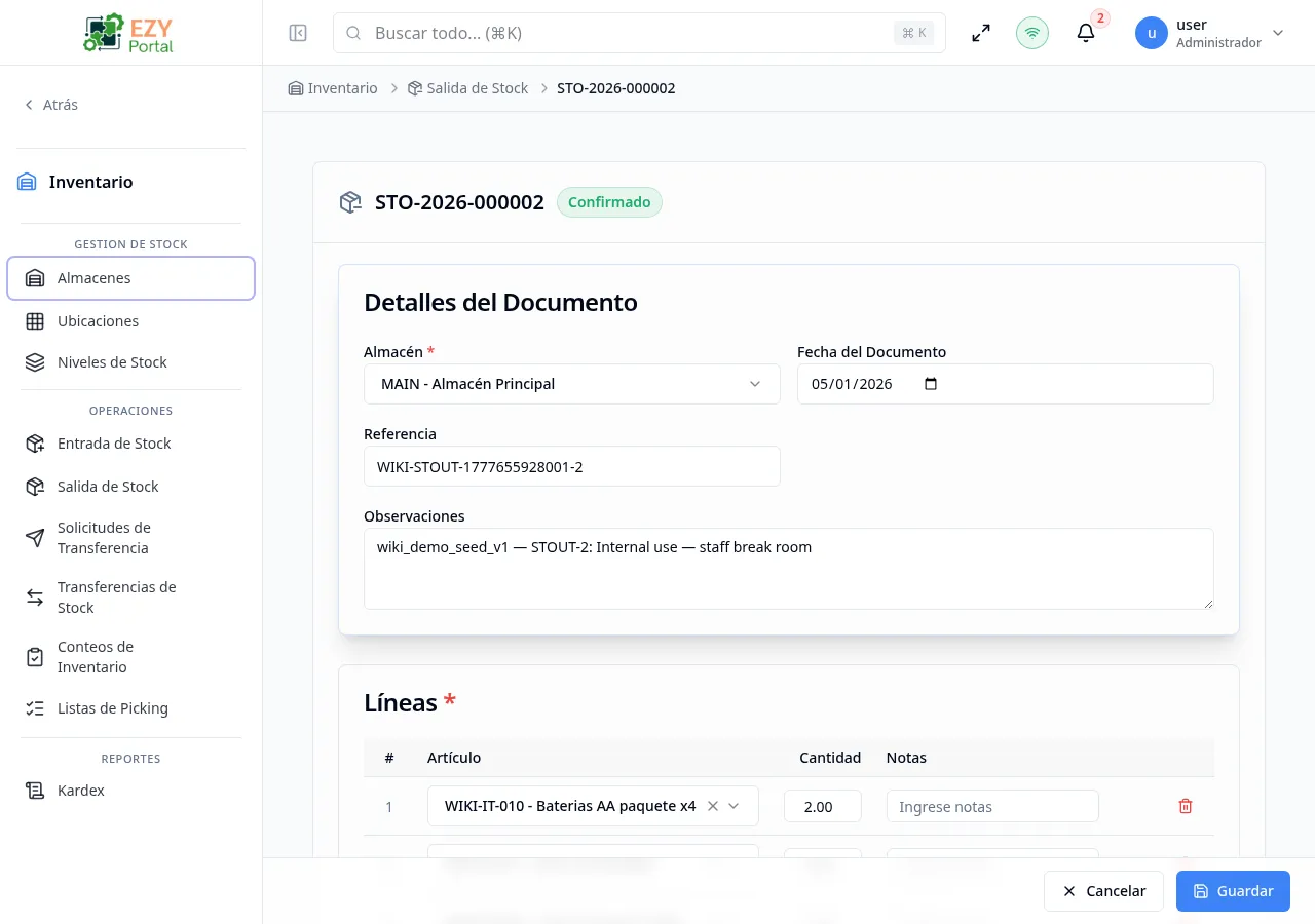 Formulario Editar Salida de Stock precargado con datos del documento existente incluyendo almacén, fecha y líneas listas para actualizar