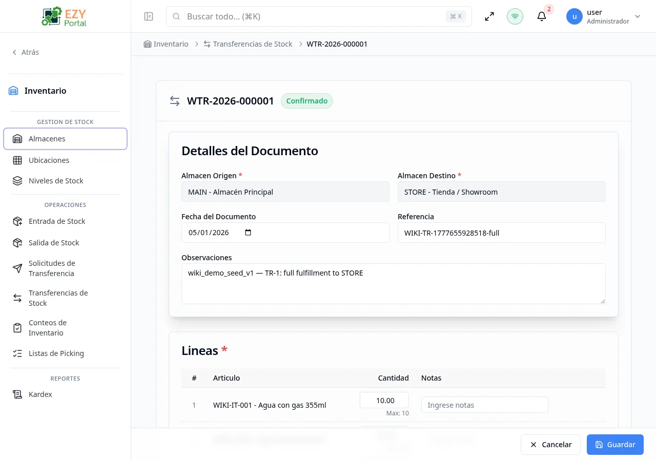 Formulario Editar Transferencia de Stock precargado con datos existentes incluyendo almacenes de origen y destino, ubicaciones de bins y líneas listas para actualizar