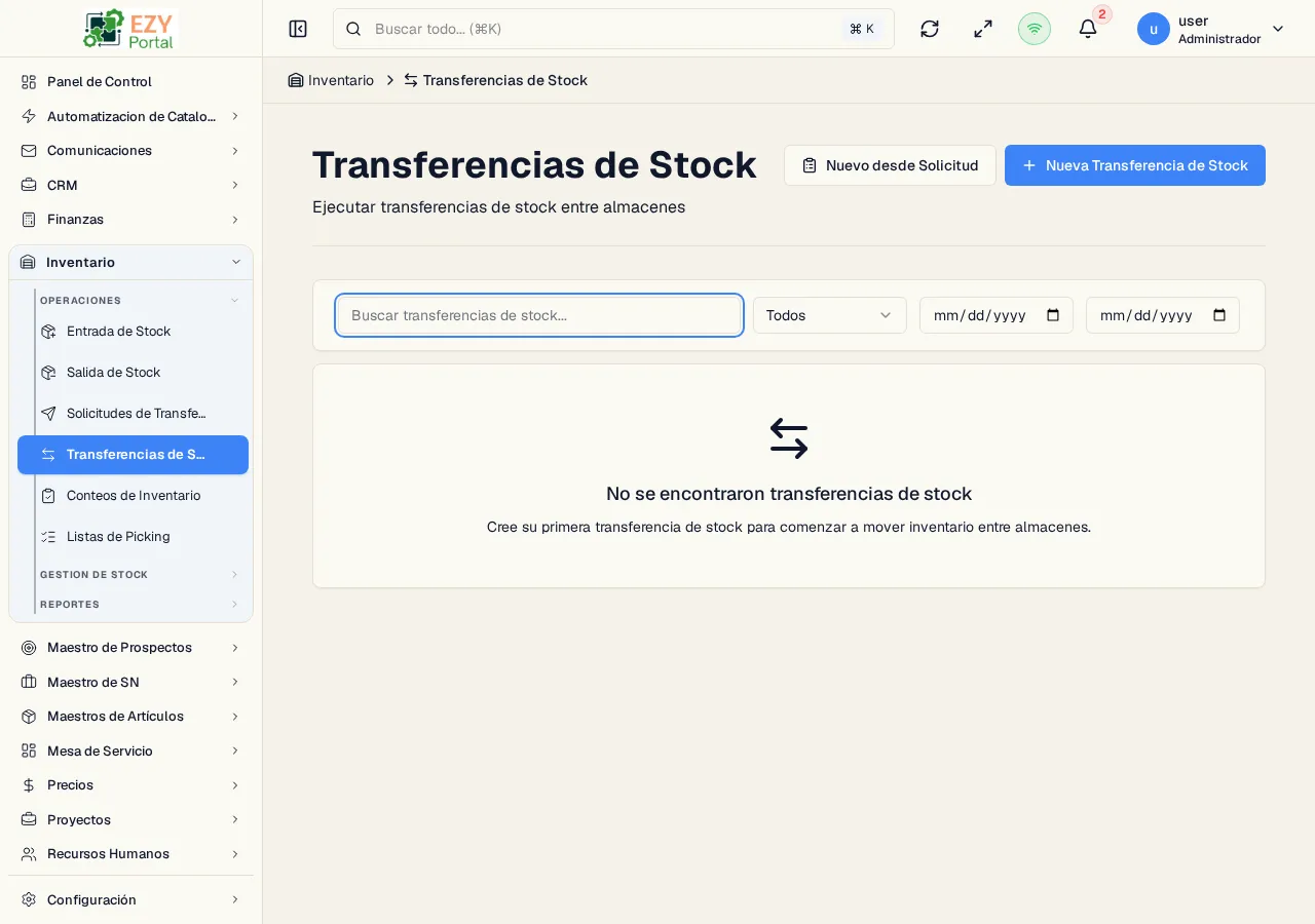 Lista de Transferencias de Stock mostrando columnas N° Documento, Estado, Almacén Origen, Almacén Destino, Fecha y Documento Origen con múltiples documentos de transferencia