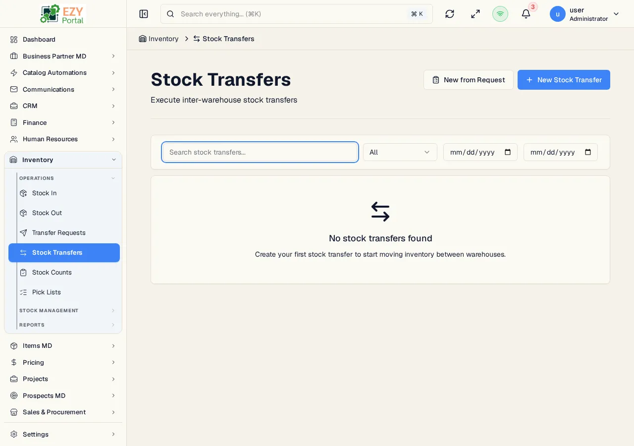 Stock Transfers list showing Document #, Status, From Warehouse, To Warehouse, Date, and Source Document columns with multiple transfer documents