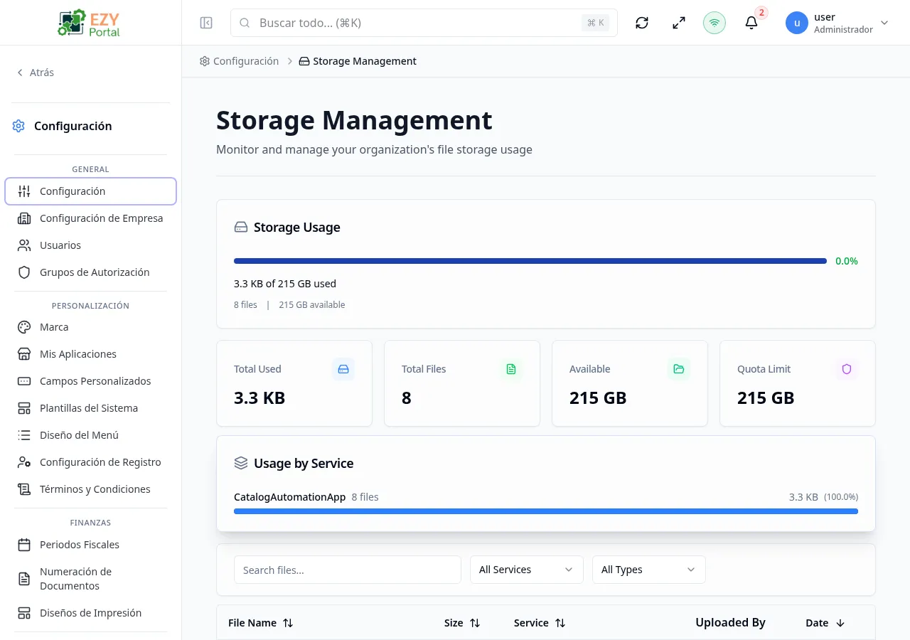 Página de Almacenamiento mostrando widget de uso, cuatro tarjetas de métricas, gráfico de desglose por servicio y lista de archivos con filtros