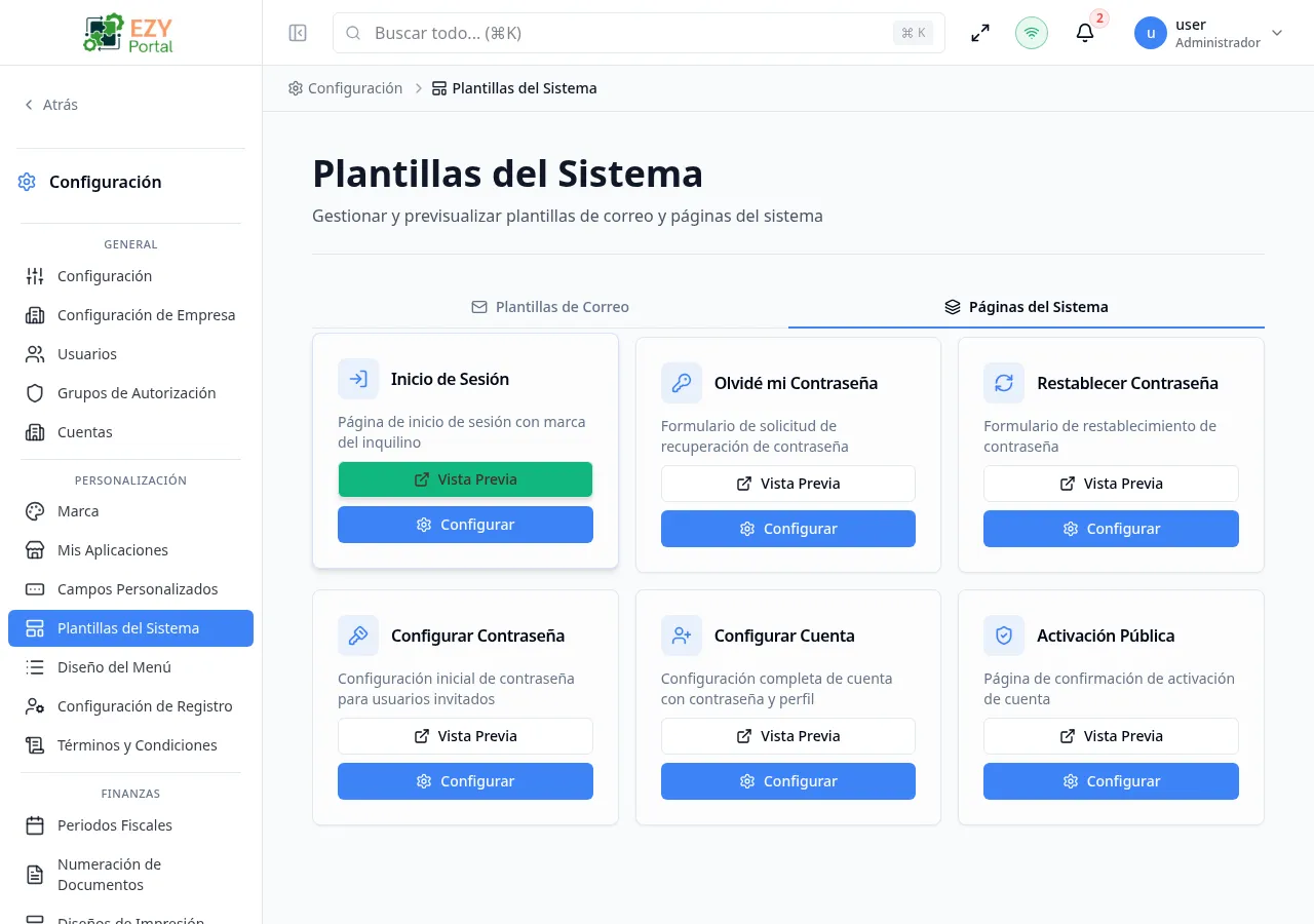Diálogo de vista previa de página del sistema mostrando la página de inicio de sesión renderizada con marca del tenant y zonas de texto personalizadas